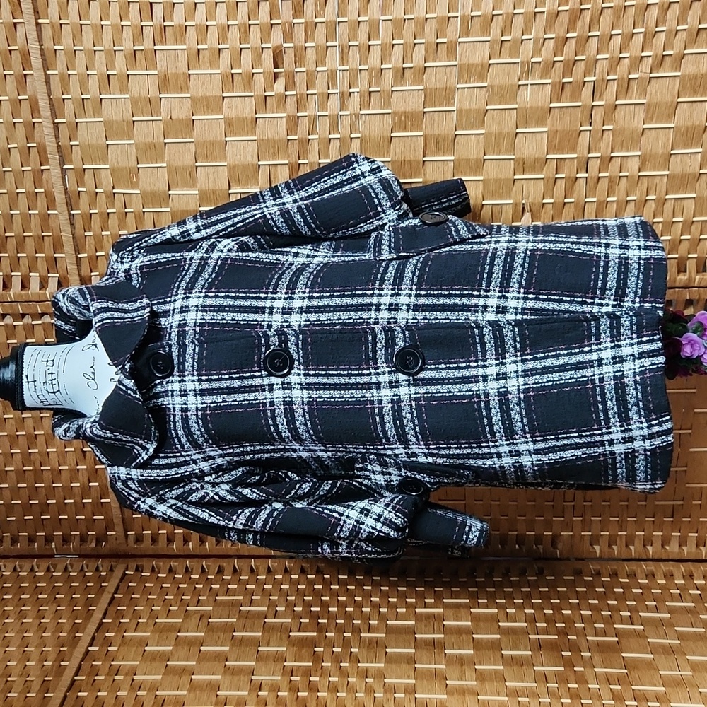 Hazel Plaid 3/4 Balloon Puff Sleeve, Mid Long Swing Coat with Cowl Neck, Sz M